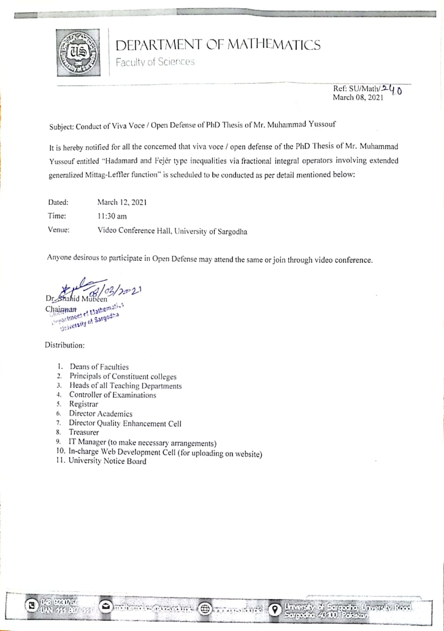 Conduct of Viva Voce Examination / Open Defense of Ph.D Thesis (Mathematics)